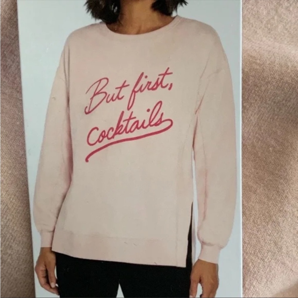 WILDFOX But First Cocktails pink tan cute quote graphic relaxed fit sweatshirt - Picture 1 of 9